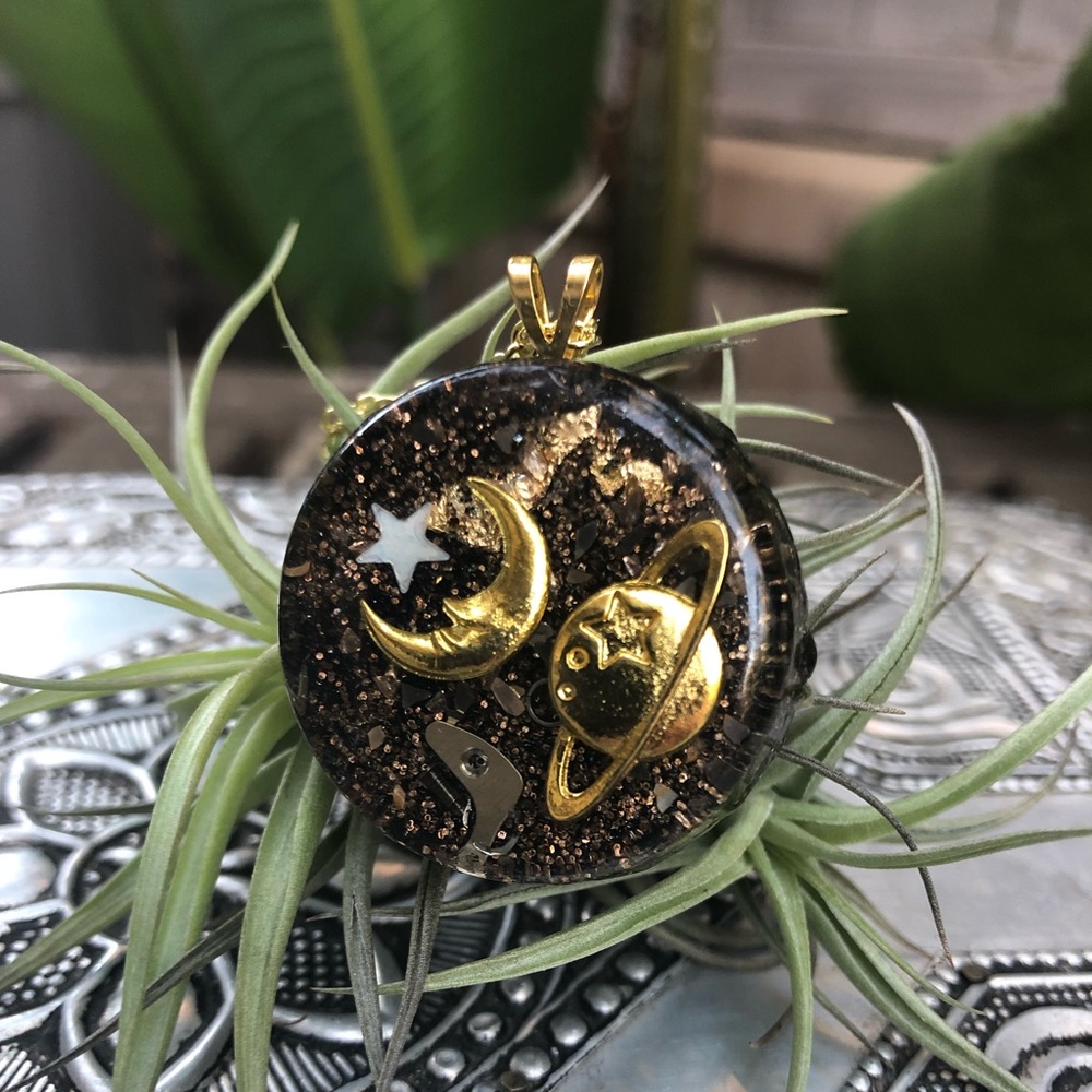 Steampunk space moon handmade resin necklace gold